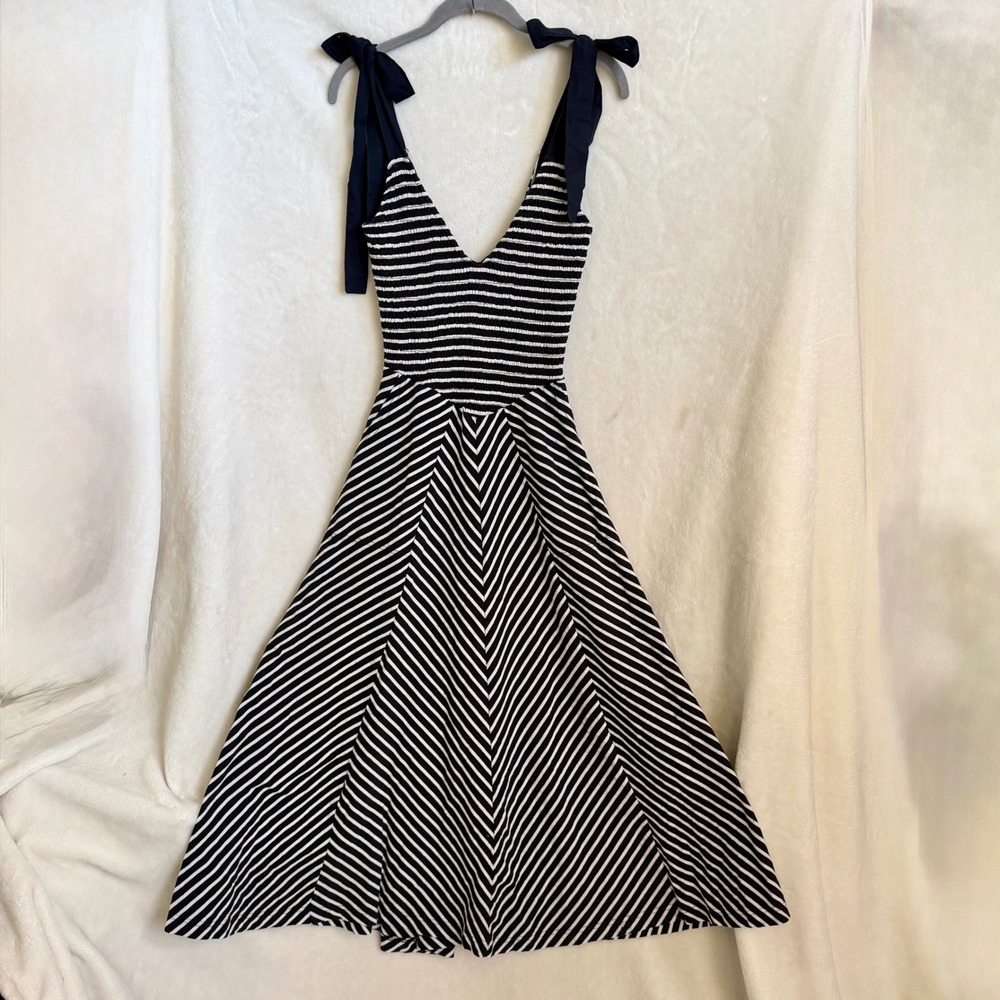 Free People Free-est Black White Striped Smocked Tie Shoulder Maxi Dress XS